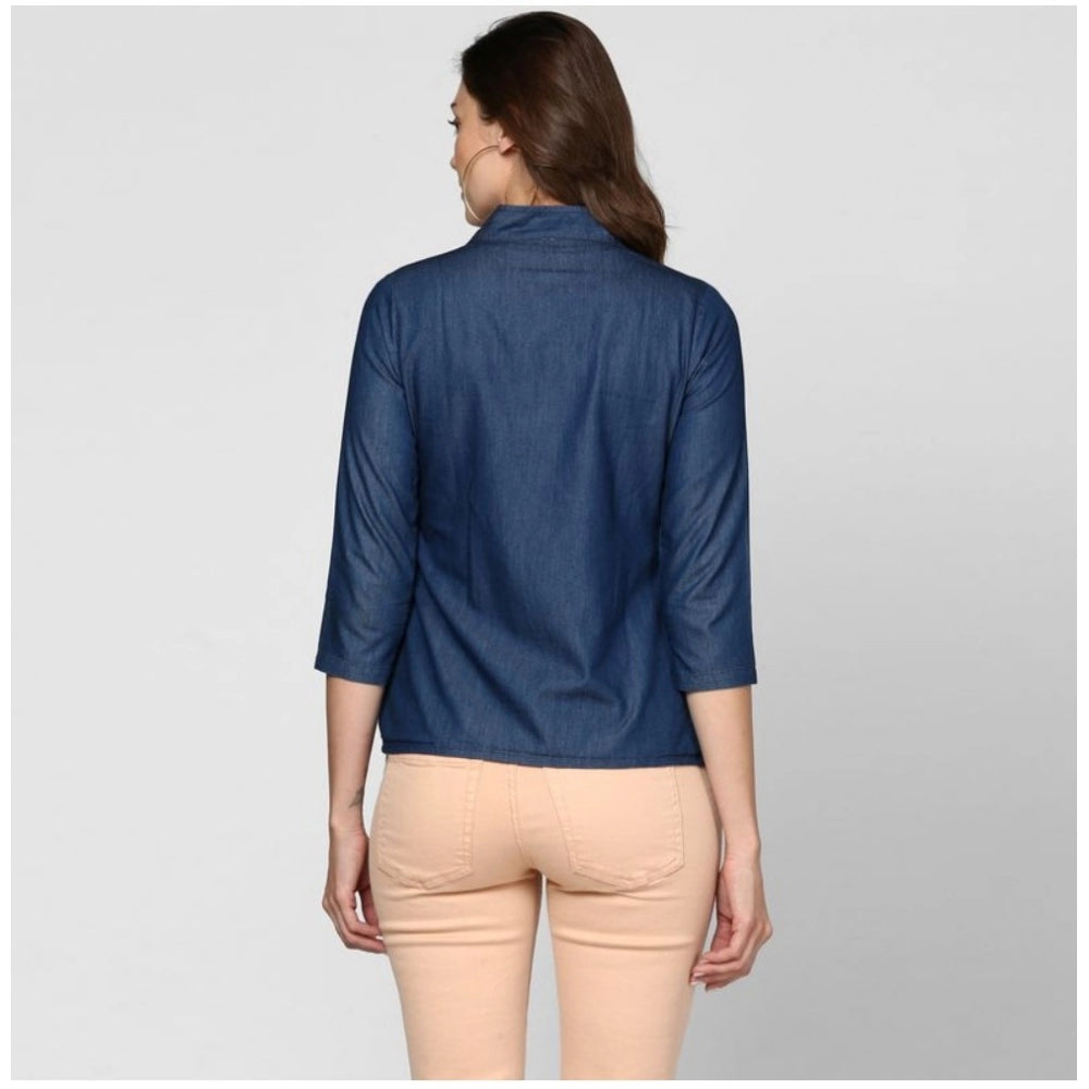 Blue denim women's solid 3/4th sleeve top with collar, ideal for casual wear