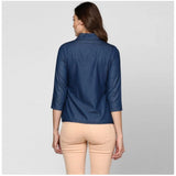 Blue denim women's solid 3/4th sleeve top with collar, ideal for casual wear
