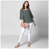 Green polyester printed 3/4th sleeves top for women, vibrant pattern design
