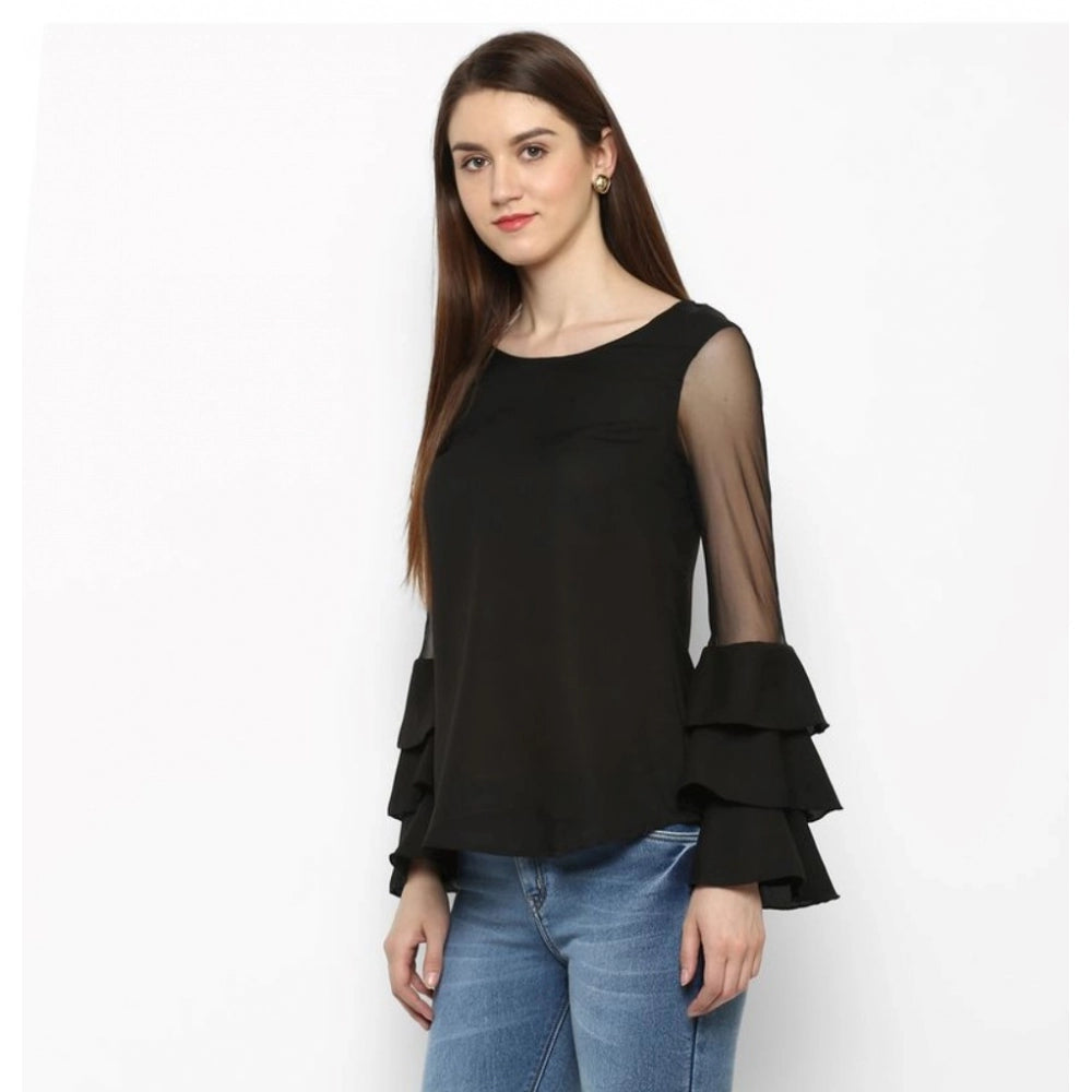 Black polyester solid tier sleeve top for women's fashion, round neck style