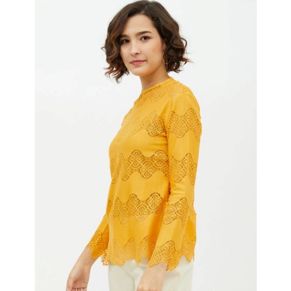 Yellow cotton lace insert long sleeves top on model, women's fashionable apparel with intricate lace details