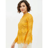 Yellow cotton lace insert long sleeves top on model, women's fashionable apparel with intricate lace details