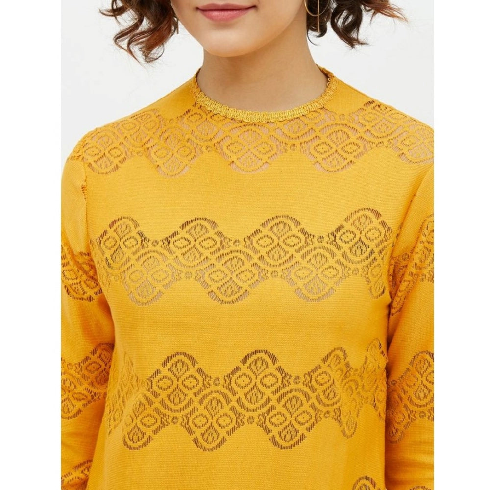 Yellow cotton lace-insert long sleeves top with round neck, ideal for women's fashion