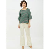 Green polyester printed 3/4th sleeves top for women, vibrant pattern design on round neck