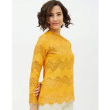 Yellow cotton lace-insert long-sleeve top on hanger, round neck, stylish women's fashion wear