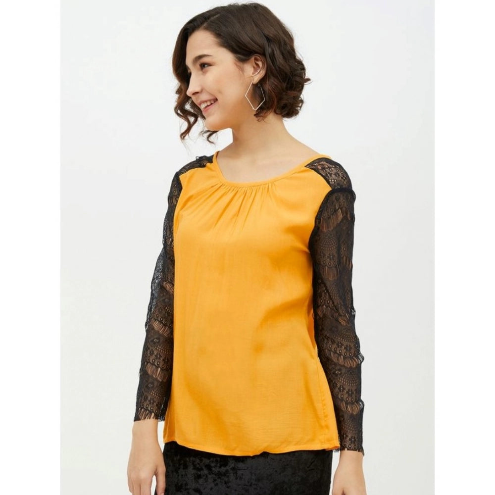Yellow rayon lace inserts long sleeves top with round neck, ideal for formal wear