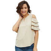 Beige polyester tiered cold shoulder top with round neck, perfect for summer fashion