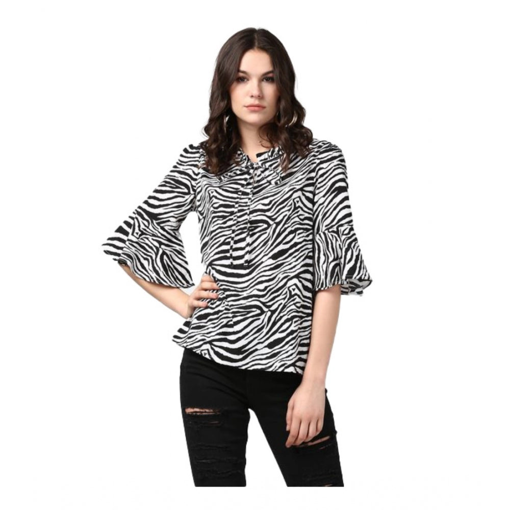 Black & White animal print bell sleeve top on model, women's polyester fashion top with collar neck