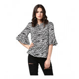 Black & White animal print bell sleeve top on model, women's polyester fashion top with collar neck