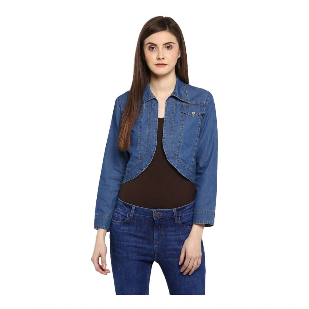 Blue denim solid 3/4th sleeves shrug for women's casual wear, collar neckline