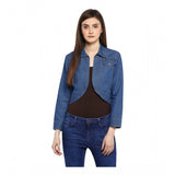 Blue denim solid 3/4th sleeves shrug for women's casual wear, collar neckline