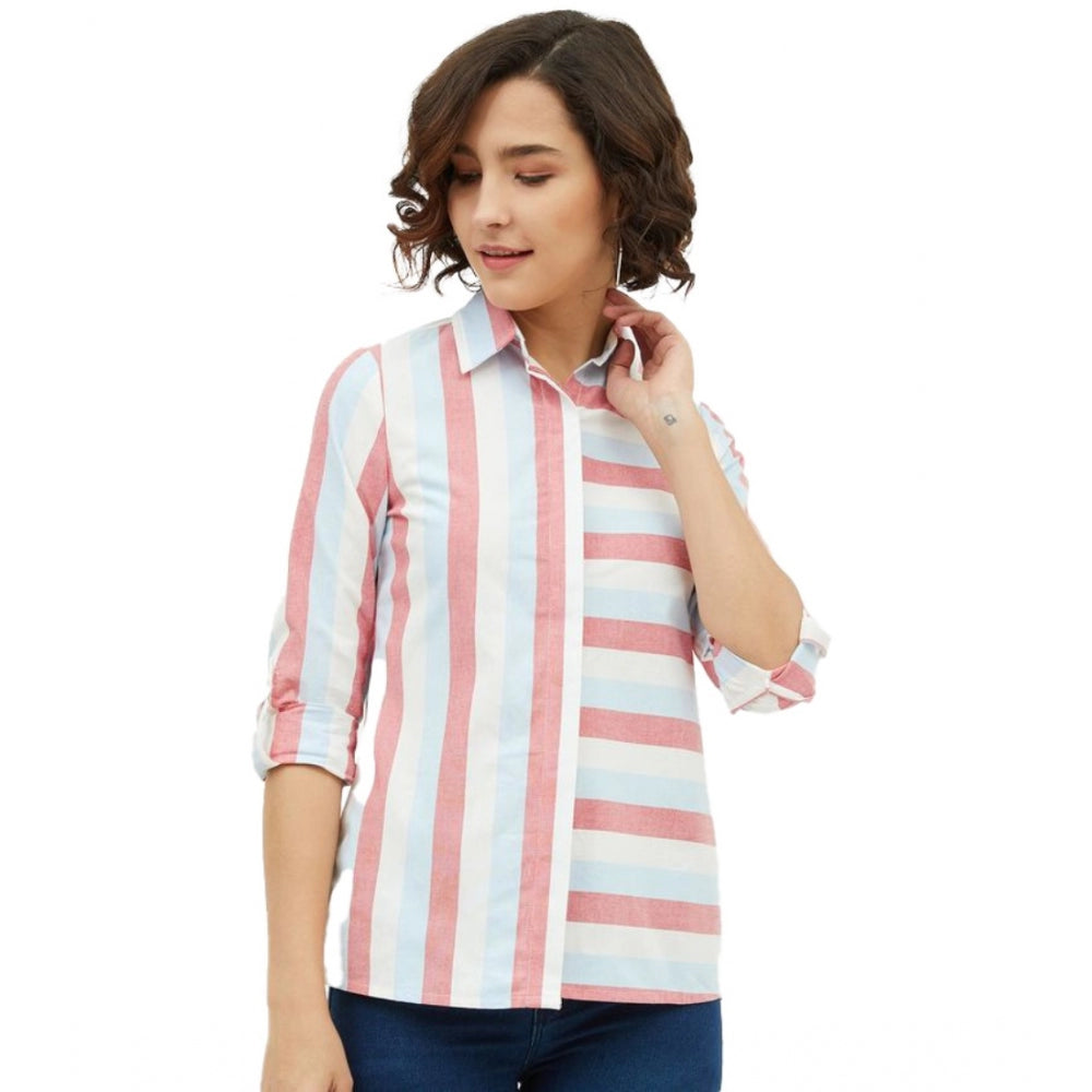 Pink striped cotton long sleeve shirt, standard length for women's casual wear