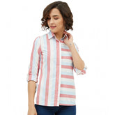 Pink striped cotton long sleeve shirt, standard length for women's casual wear
