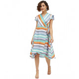 Multicolor striped satin short sleeve knee-length dress for women