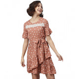 Brown polyester polka bell sleeve dress with round neckline, perfect for casual events