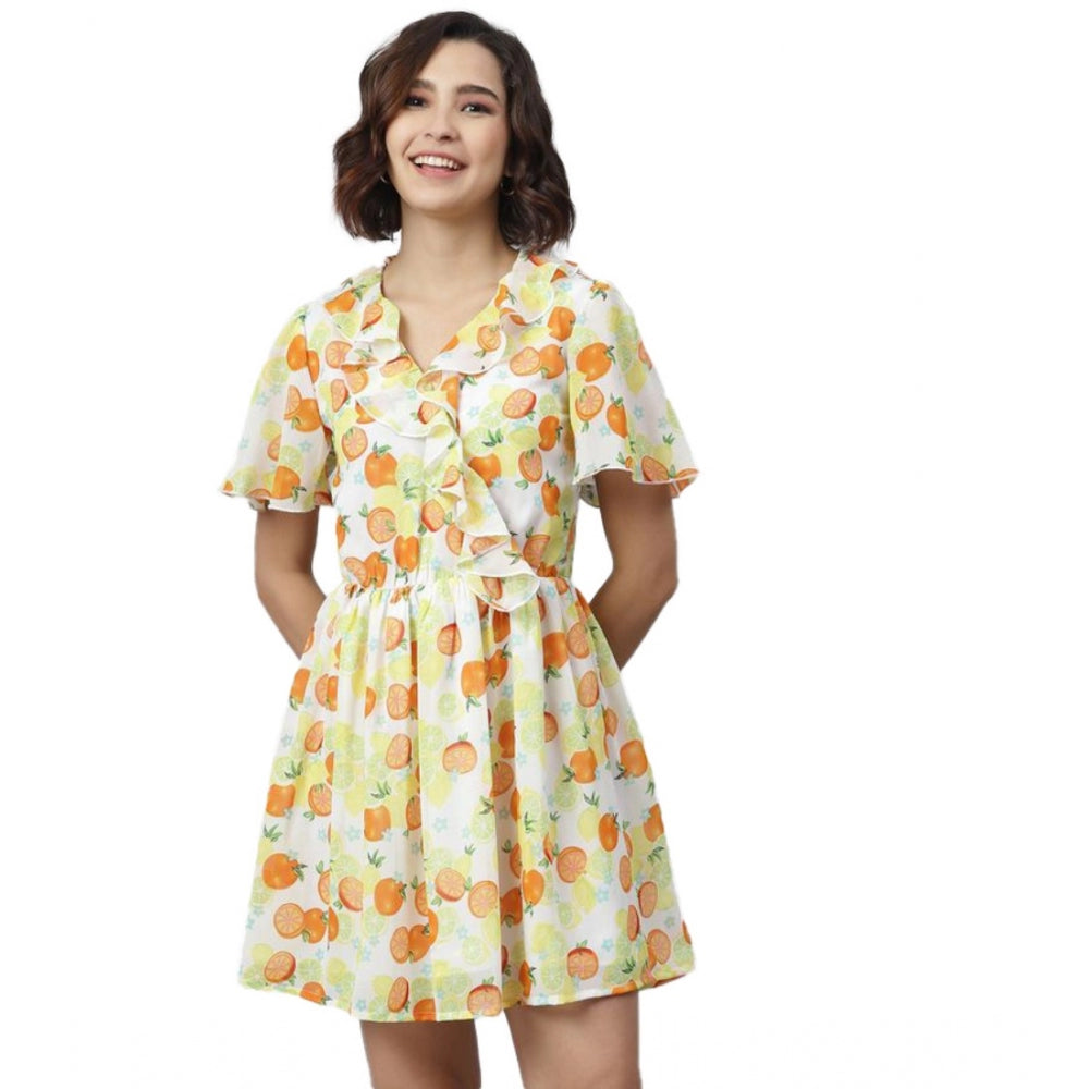 Yellow-Orange polyester printed flutter dress for women, vibrant design with V neck and above knee length