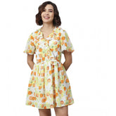 Yellow-Orange polyester printed flutter dress for women, vibrant design with V neck and above knee length