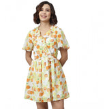 Yellow-Orange polyester printed flutter dress for women, vibrant design with V neck and above knee length