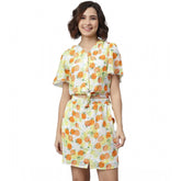 Orange & yellow polyester printed flutter above knee dress with v neck, vibrant summer style