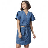 Blue denim flutter dress with v-neck, solid pattern for women's casual wear