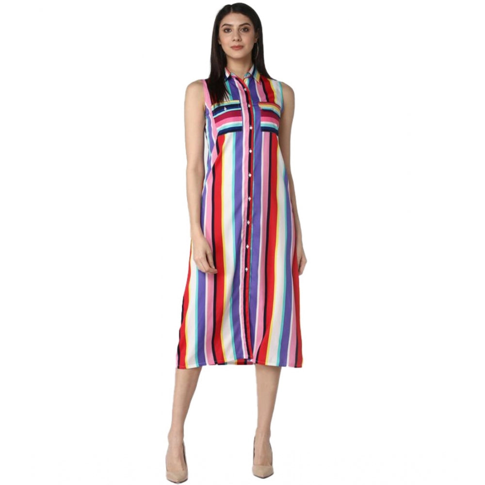 Multi-colored polyester striped sleeveless calf-length dress on hanger