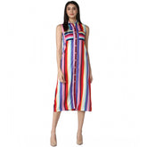 Multi-colored polyester striped sleeveless calf-length dress on hanger