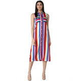 Women's Polyester Striped Sleeveless Calf-length Dress (Multicolor)