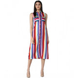 Multi-colored polyester striped sleeveless calf-length dress on hanger