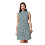 Green polyester striped sleeveless above-knee dress for women on a mannequin