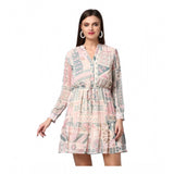 Light Pink & Off White polyester printed long sleeves dress (above knee), vibrant pattern design with v-neck style