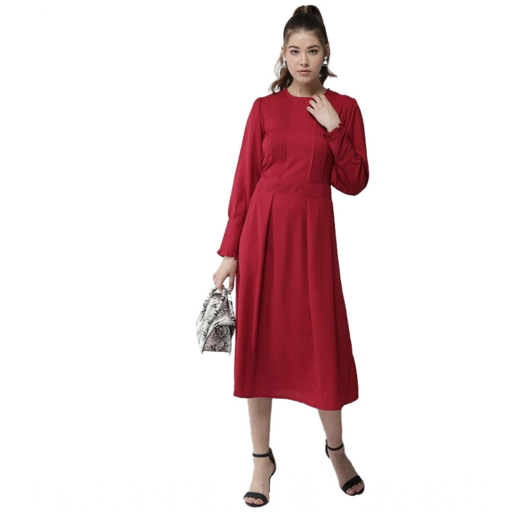 Red polyester pintuck long sleeves below knee dress