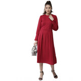 Women's Polyester Pintuck Long Sleeves Below Knee Dress (Red)
