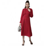 Red polyester pintuck long sleeves below knee dress