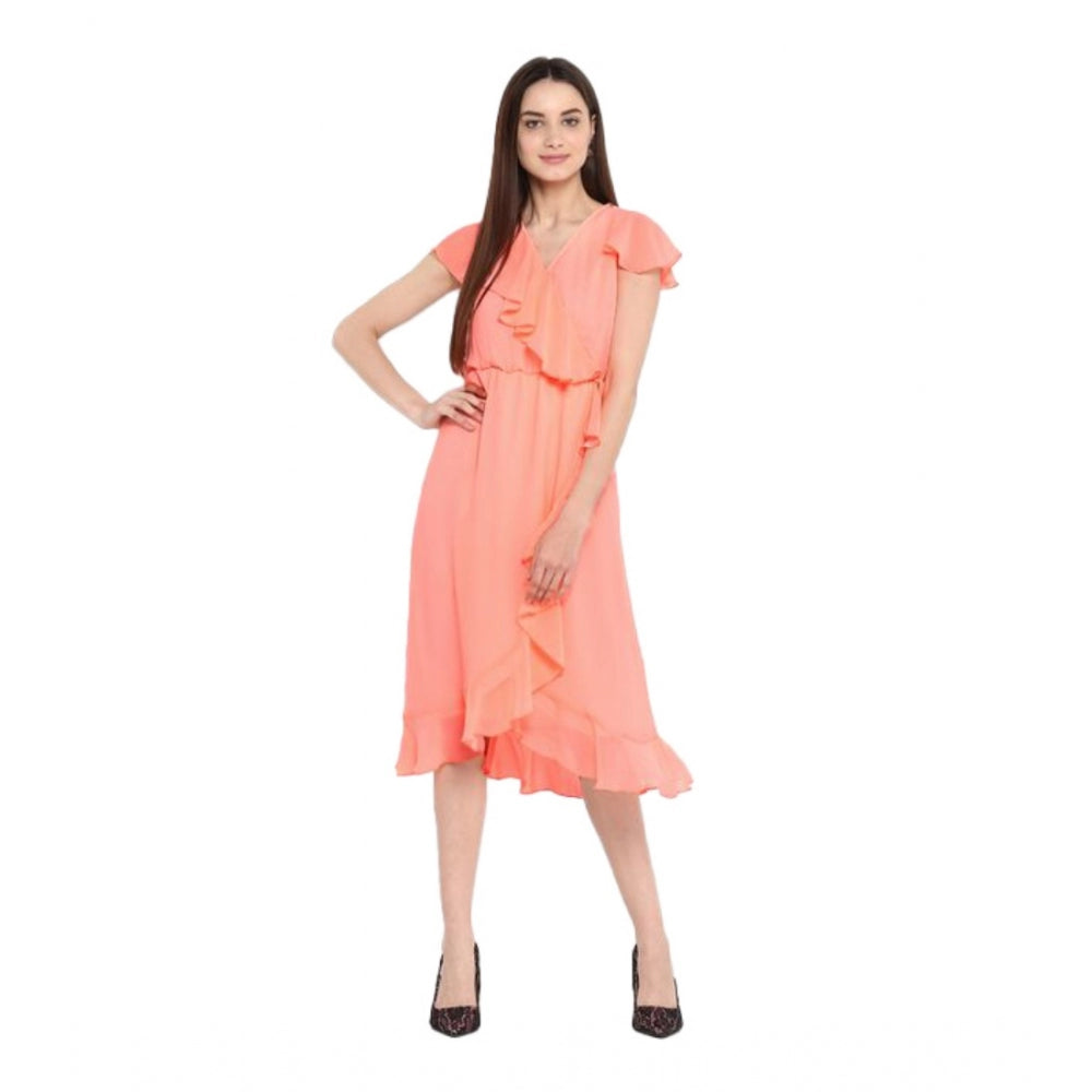 Neon pink polyester ruffled cap sleeve dress for women, below knee length