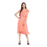 Neon pink polyester ruffled cap sleeve dress for women, below knee length