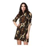 Green & Black polyester printed roll-up sleeve tunic top for women, featuring adjustable sleeves and collar neckline