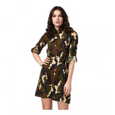 Green & Black Printed Polyester Roll-Up Sleeve Tunic Top for Women, close-up view
