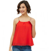 Red embellished polyester top with shoulder straps, intricate design on round neck