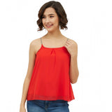 Red embellished polyester top with shoulder straps, intricate design on round neck