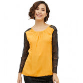 Yellow rayon lace inserts long sleeves top with round neck, suitable for formal occasions
