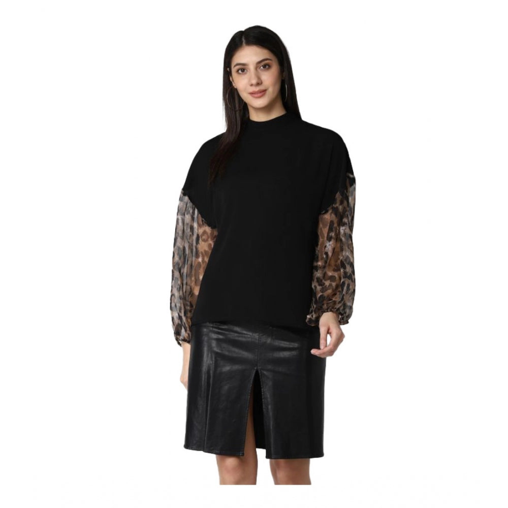 Black polyester animal print long sleeves top with closed neck, fashionable and stylish women's wear