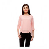 Peach polyester women's 3/4 sleeves solid top on hanger, round neck, regular length