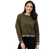 Olive fleece women's long sleeves solid sweatshirt, cozy round neck style