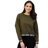 Olive fleece women's long sleeves solid sweatshirt, cozy round neck style