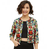Multicolor polyester floral 3/4 sleeves shrug for women, round neck, vibrant floral print on display