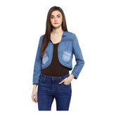 Blue denim smocking 3/4th sleeves shrug for women, intricate detailing on collar