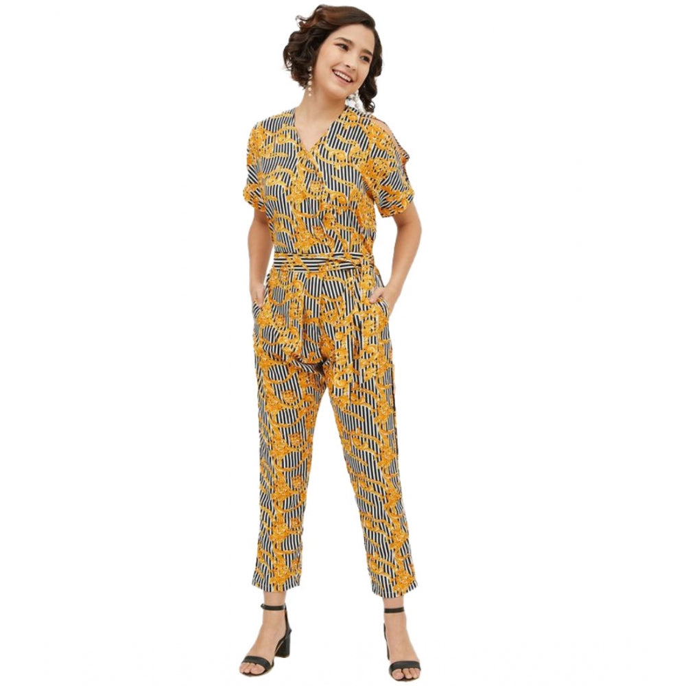 Yellow polyester printed half-sleeve long jumpsuit for women, vibrant pattern on display