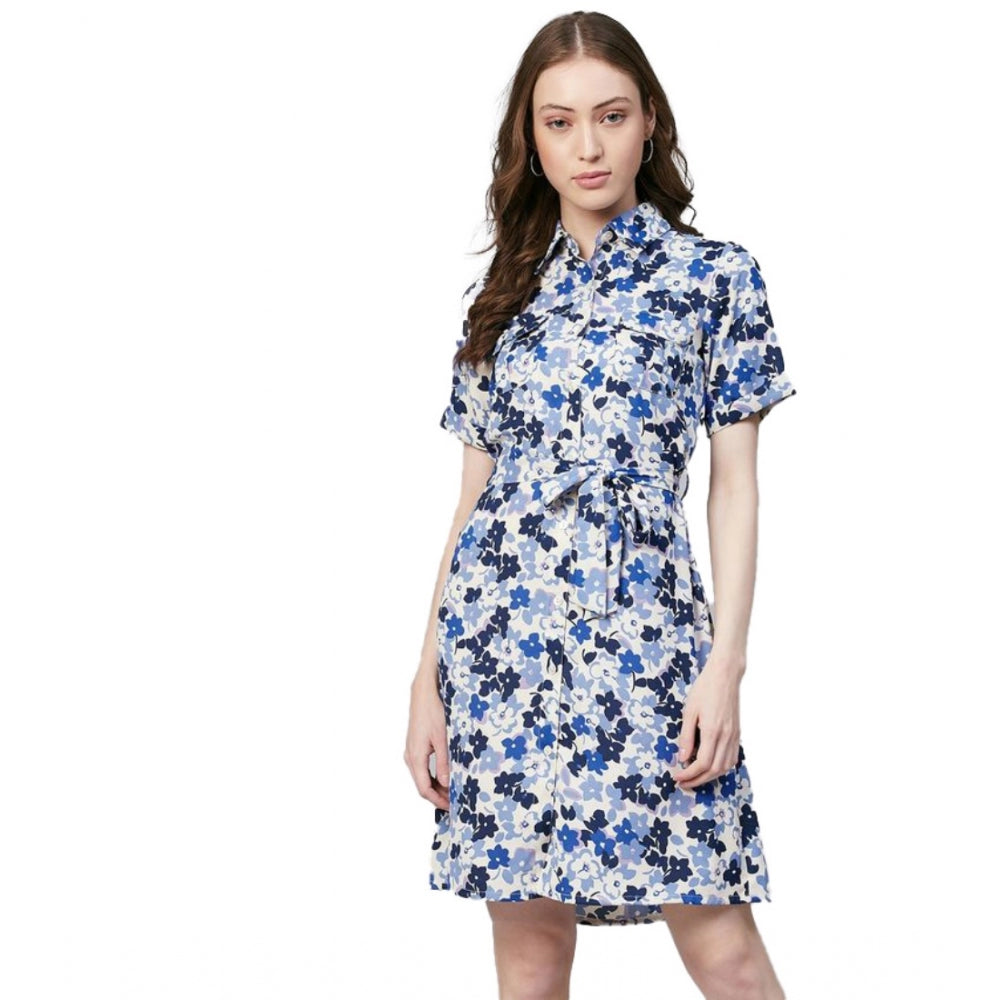 Blue & White polyester floral short sleeve above knee dress for women, featuring a collar neckline