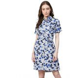 Blue & White polyester floral short sleeve above knee dress for women, featuring a collar neckline