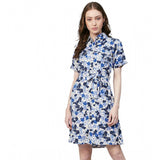 Blue & White Polyester Floral Short Sleeve Dress for Women on display stand